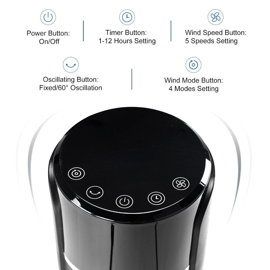 Simplix black 35-inch tower fan with touch controls for power, timer, oscillation, and wind speed/mode settings.