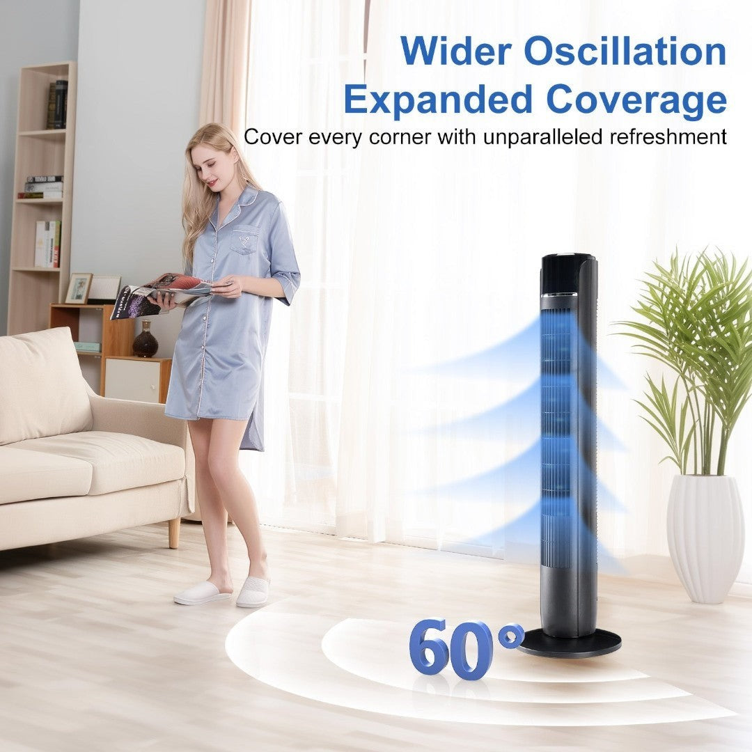 Simplix black 35-inch oscillating tower fan with remote control and 5 speeds, shown in a living room with a woman reading.