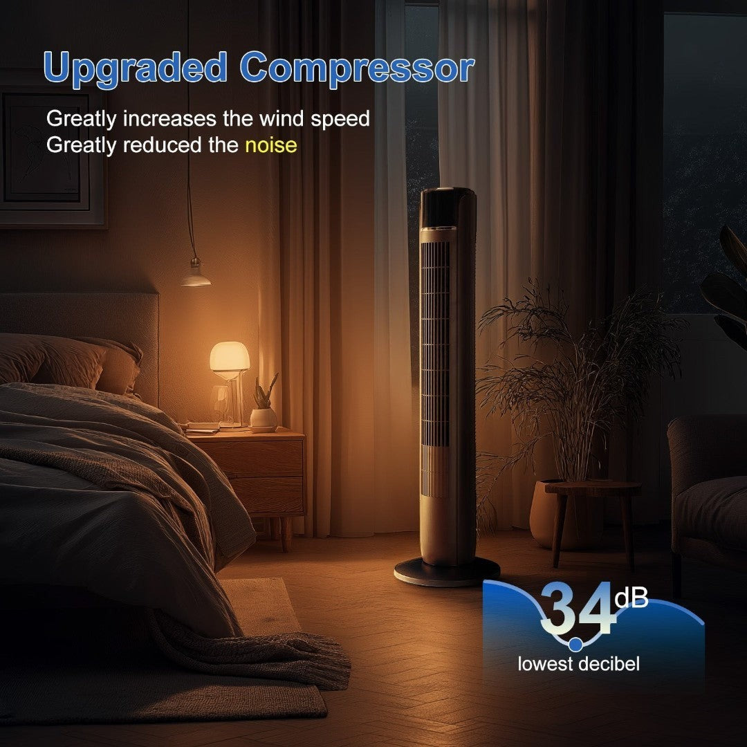 Simplix 35-inch black and gold tower fan in a bedroom, oscillates for wide cooling, quiet operation.