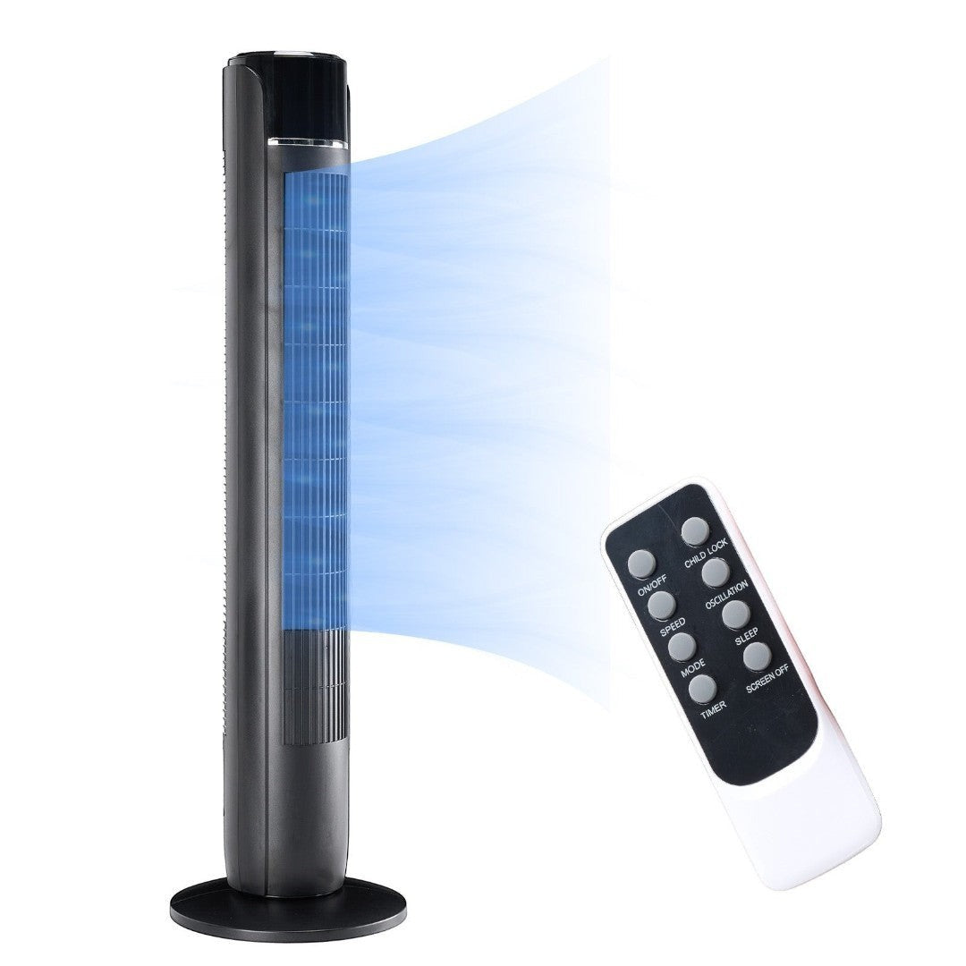 Simplix black 35-inch tower fan with remote control, oscillating and 5 speeds for quiet cooling.