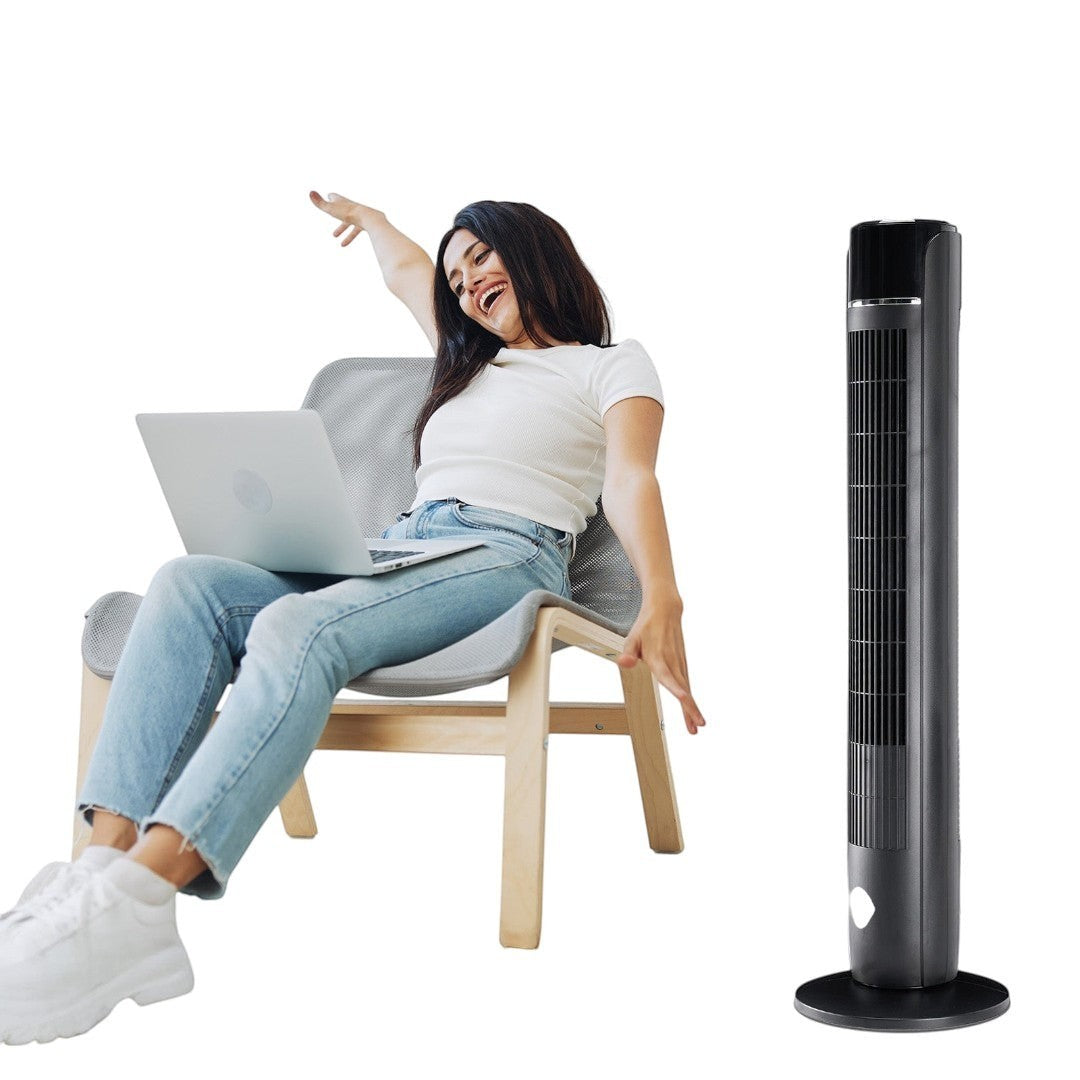 Simplix black 35-inch tower fan with remote control, 5 speeds, oscillation, and quiet mode.