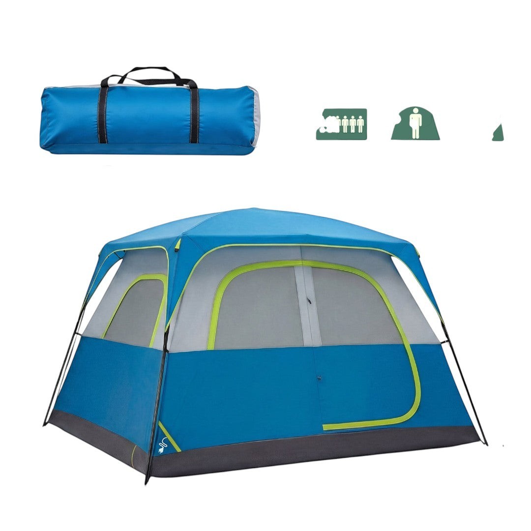 Simplix blue 6-person waterproof camping tent with mesh windows and skylights, includes carrying bag.