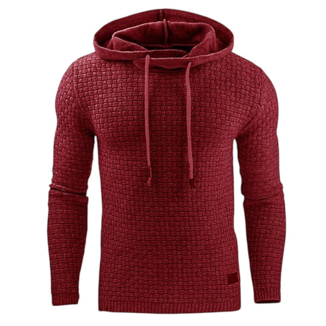 Simplix men's burgundy textured knit pullover hoodie with drawstring and a regular fit, made from a cotton blend.