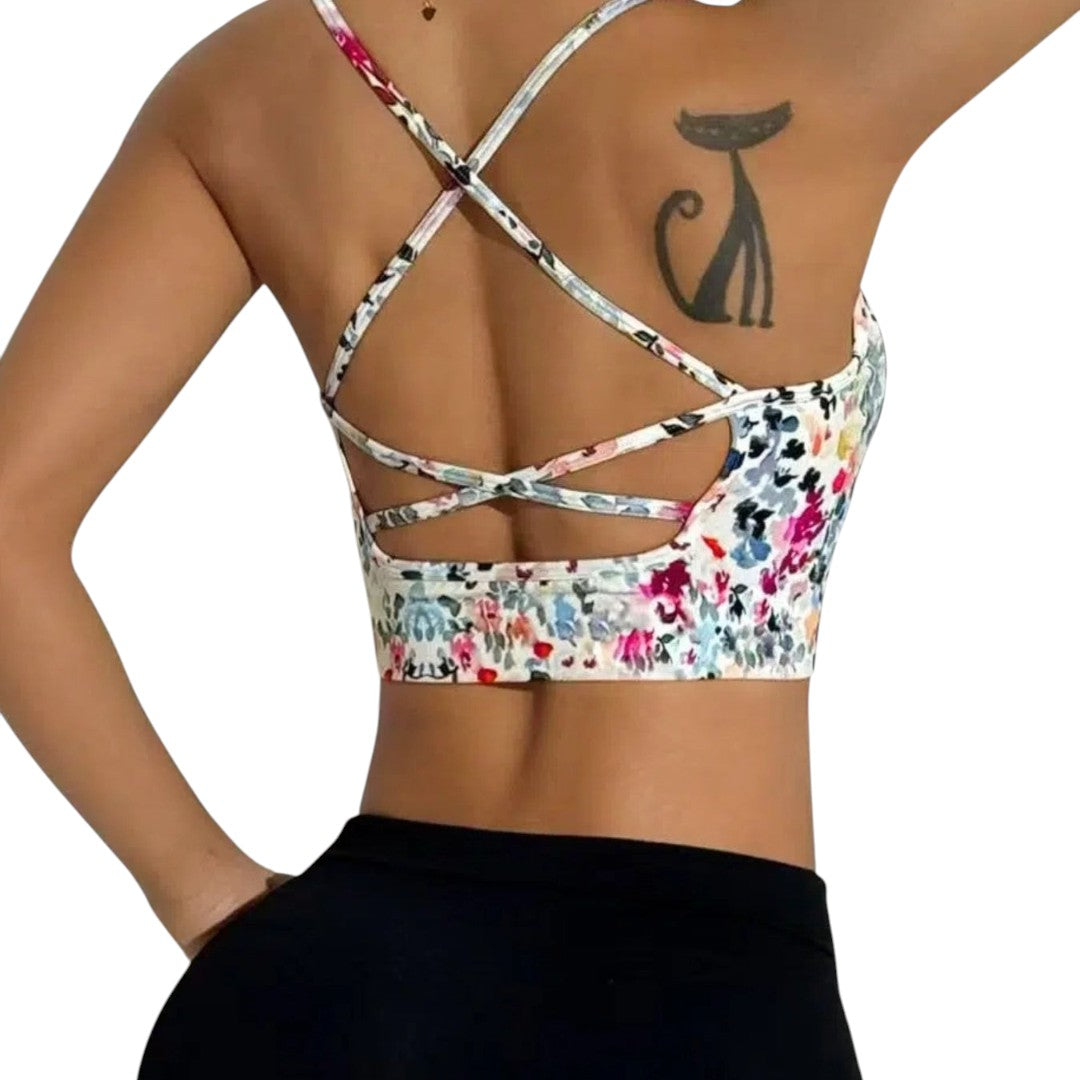 Simplix women's white floral print sports bra with thin crisscross straps, ideal for summer workouts and daily wear.