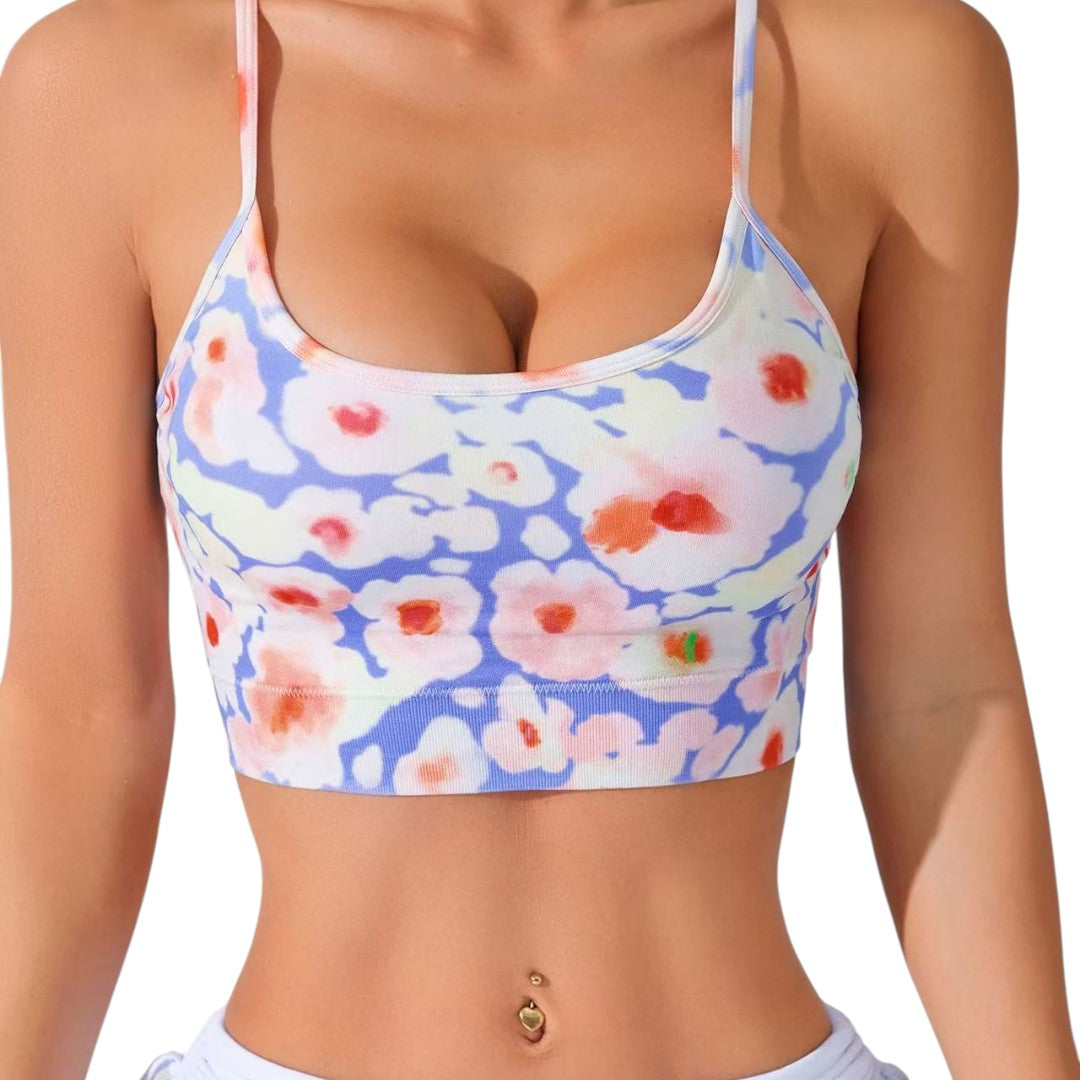 Simplix women's floral print sports bra with thin cross straps, perfect for summer workouts and daily wear.