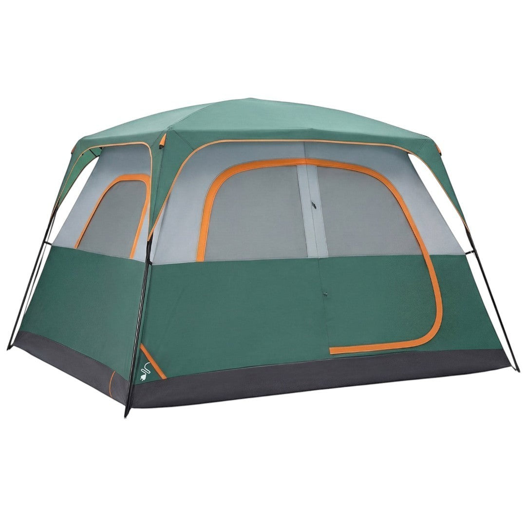 Simplix green 6-person waterproof camping tent with mesh windows and orange trim. Features skylights and a durable steel frame.