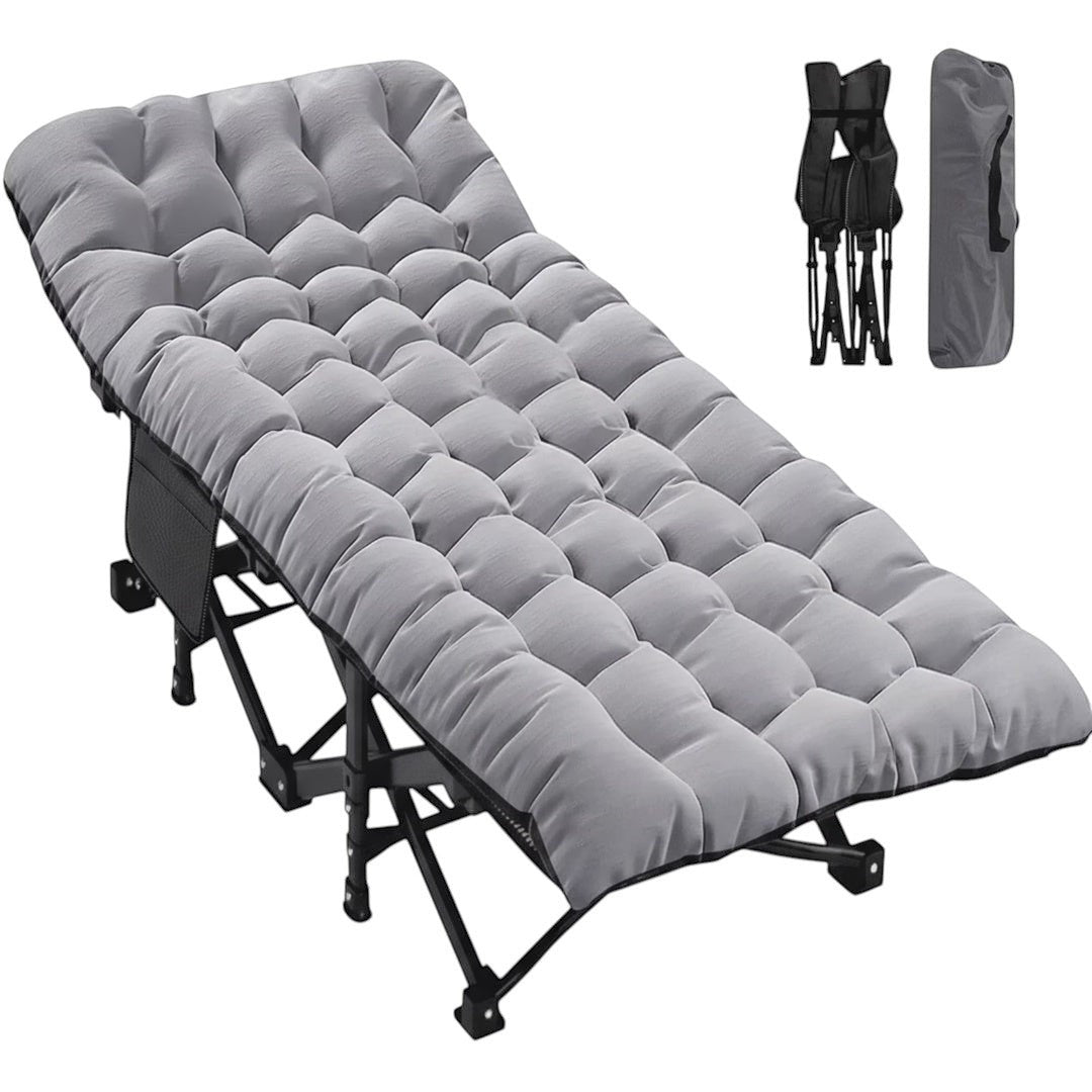 Simplix grey foldable camping bed with thick detachable mattress and reinforced steel frame, supports up to 500 lbs.