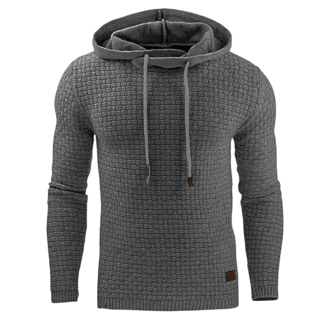 Simplix men's grey textured knit cotton blend pullover hoodie with drawstring.