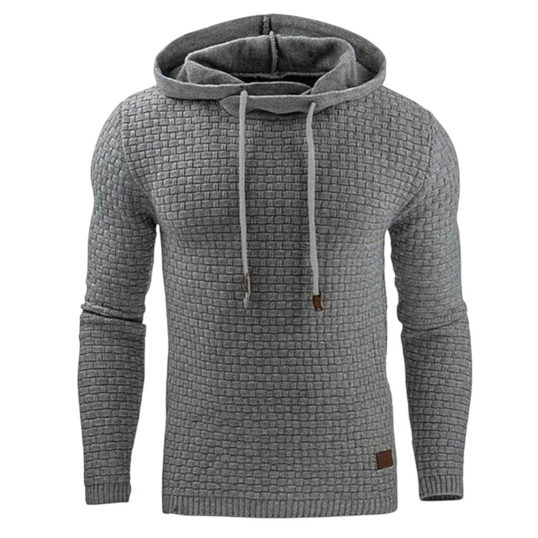 Simplix men's grey textured knit pullover hoodie with drawstring hood and long sleeves.