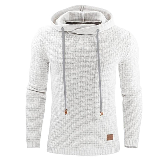 Simplix men's light grey textured knit pullover hoodie with drawstring and leather patch detail.