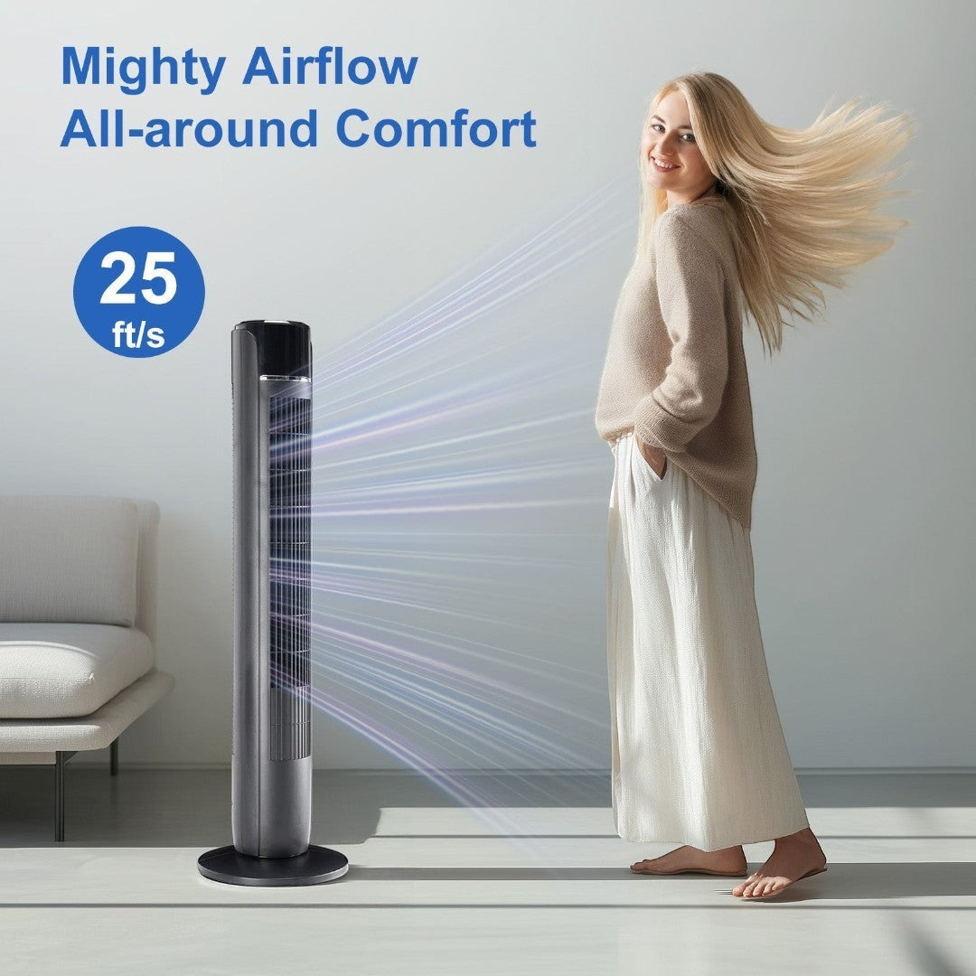 Simplix 35-inch grey tower fan with remote, 5 speeds, oscillation, and quiet mode, shown with a woman enjoying the airflow.