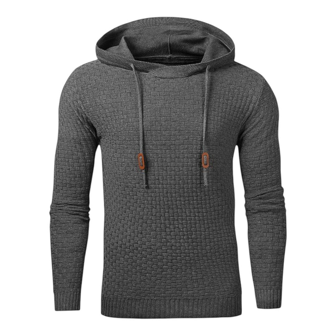 Simplix men's dark grey textured knit pullover hoodie with drawstring and leather accents.