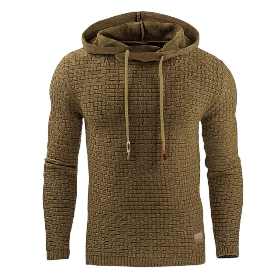 Simplix men's olive green knit hoodie sweater with a brick-like texture, drawstring hood, and long sleeves. Casual pullover for everyday comfort.