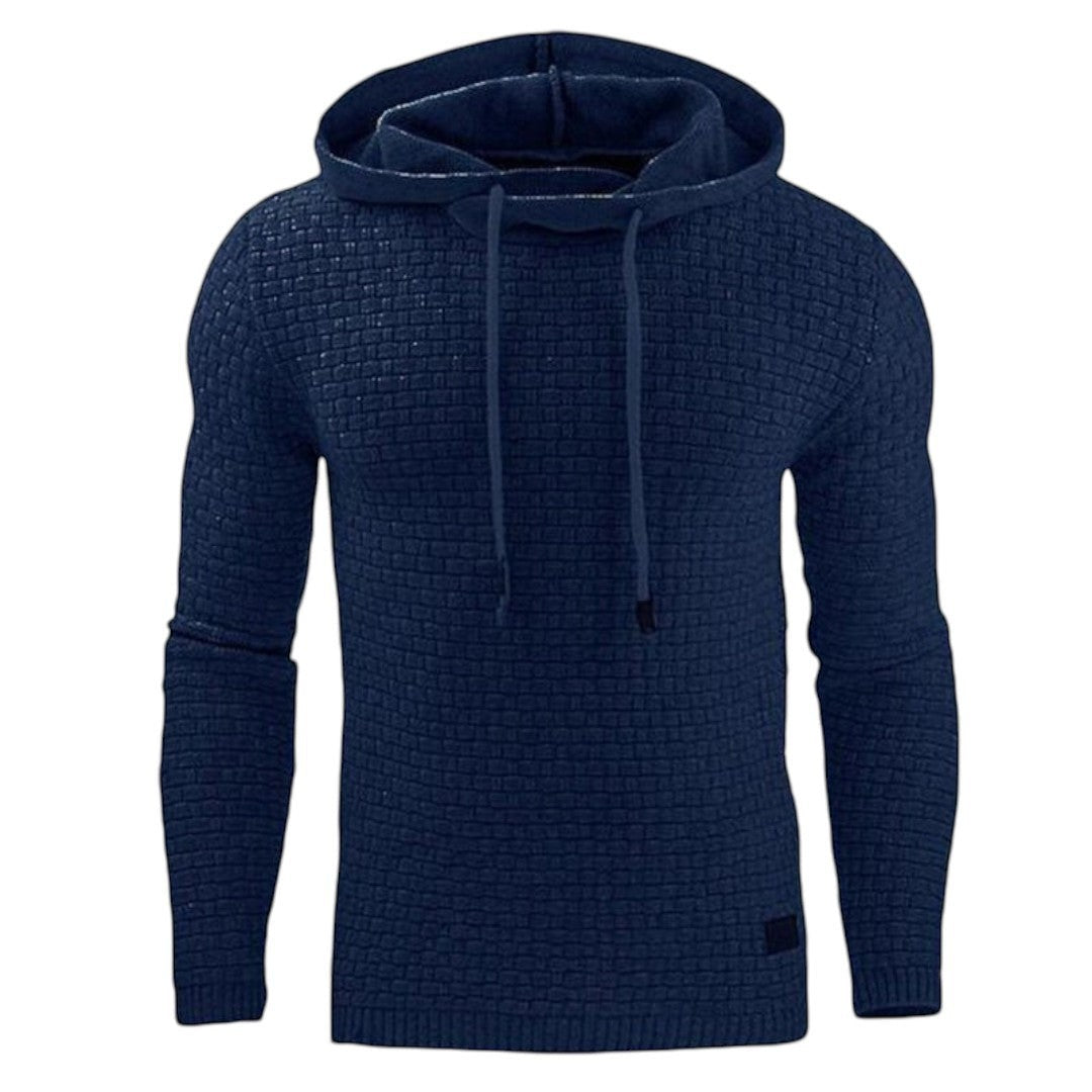 Simplix men's navy blue textured knit pullover hoodie sweater with drawstring and ribbed cuffs.