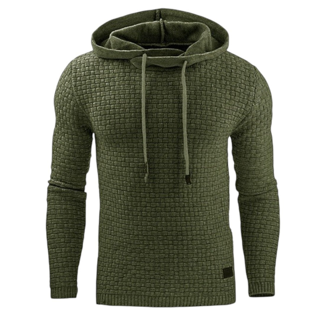 Simplix men's olive green textured knit pullover hoodie sweater with drawstring and a casual fit.