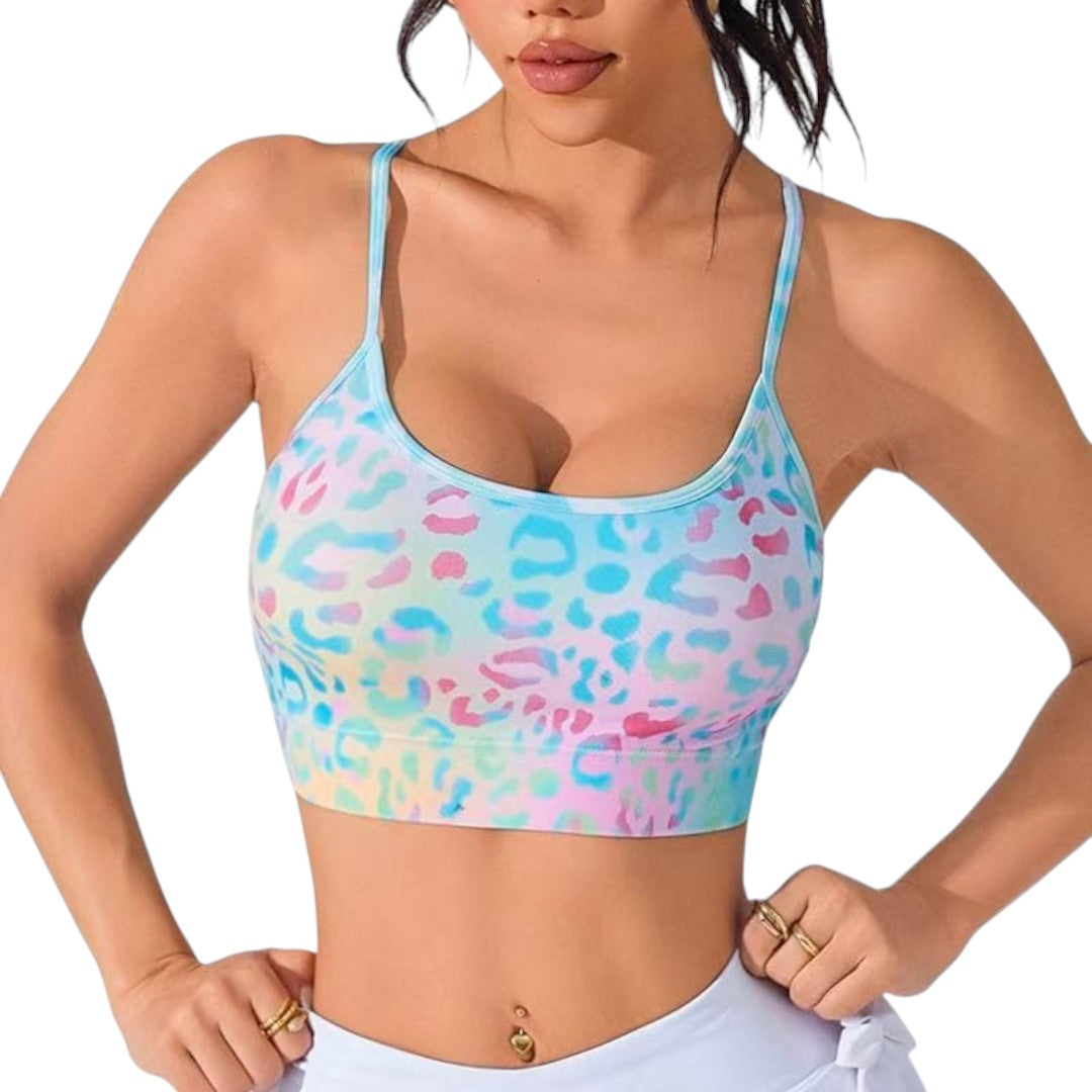 Simplix women's pastel leopard print sports bra with thin cross straps, ideal for summer workouts and daily wear.