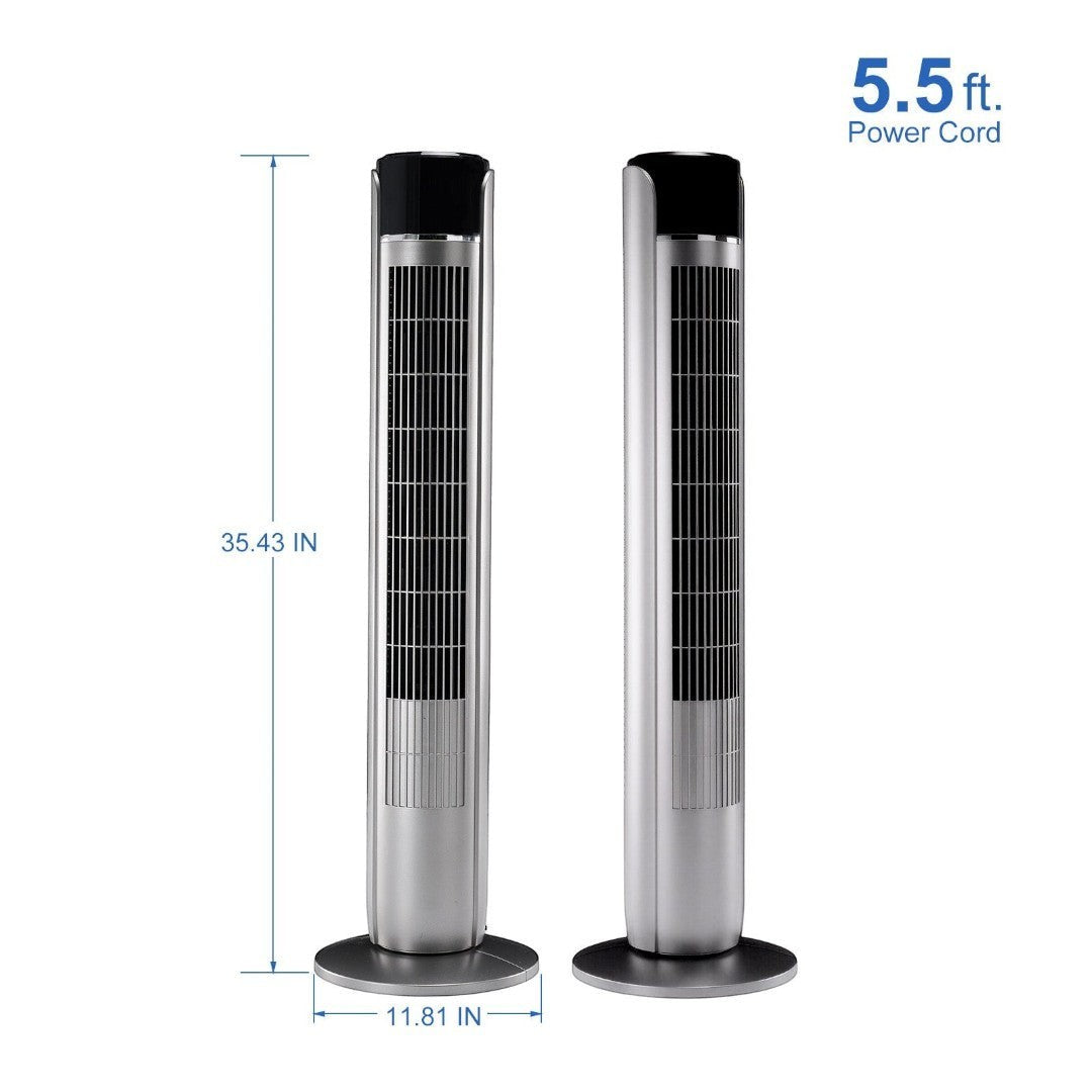 Simplix 35-inch silver and black tower fan with remote control, 5 speeds, oscillation, and quiet mode.