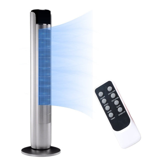 Simplix 35-inch silver and black tower fan with remote control, oscillating and quiet mode.